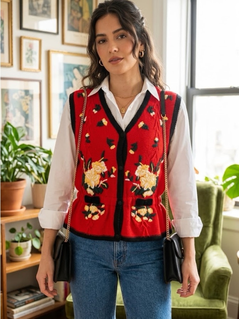 Vintage 90s The Eagleโs Eye Wool Button Floral Sweater Vest